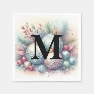 Serviette En Papier Ornements de sapin de Noël à monogramme aquarelle
