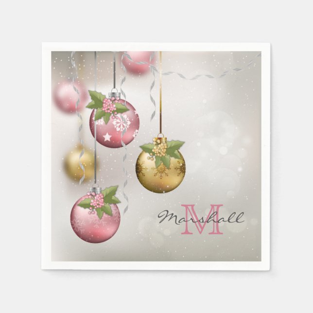Serviette En Papier Ornements Monogramme Rose Chic Argent Or (Devant)