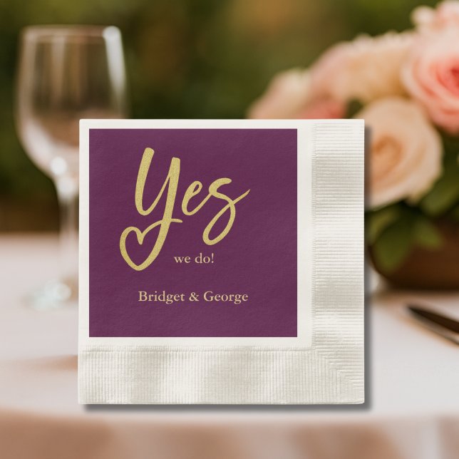 Serviette En Papier Oui Nous faisons mariage or prune (Créateur téléchargé)