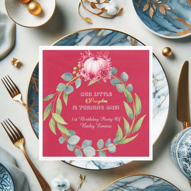 Serviette En Papier Our Little Pumpkin 1st Birthday Green Wreath Pink (Our Little Pumpkin 1st Birthday Green Wreath Pink Napkins)