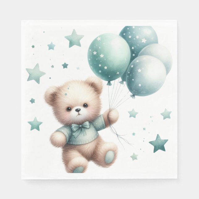 SERVIETTE EN PAPIER OURS DE TEDDY FUZZY AVEC BALLONS VERTS PASTEL (Devant)