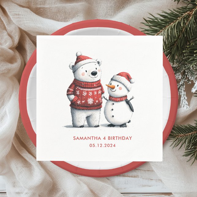 Serviette En Papier Ours d'hiver rouge et neige | Winter Wonderland (Créateur téléchargé)
