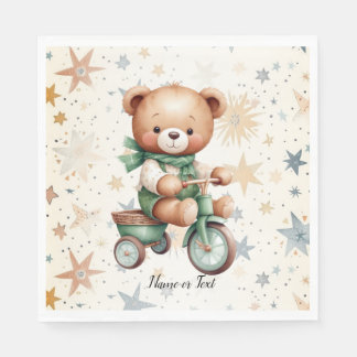 Serviette En Papier Ours en aquarelle étoiles vélo vert fête