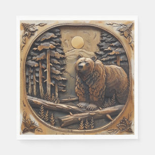 Serviette En Papier Ours en bois sculpté pleine lune pinède forêt