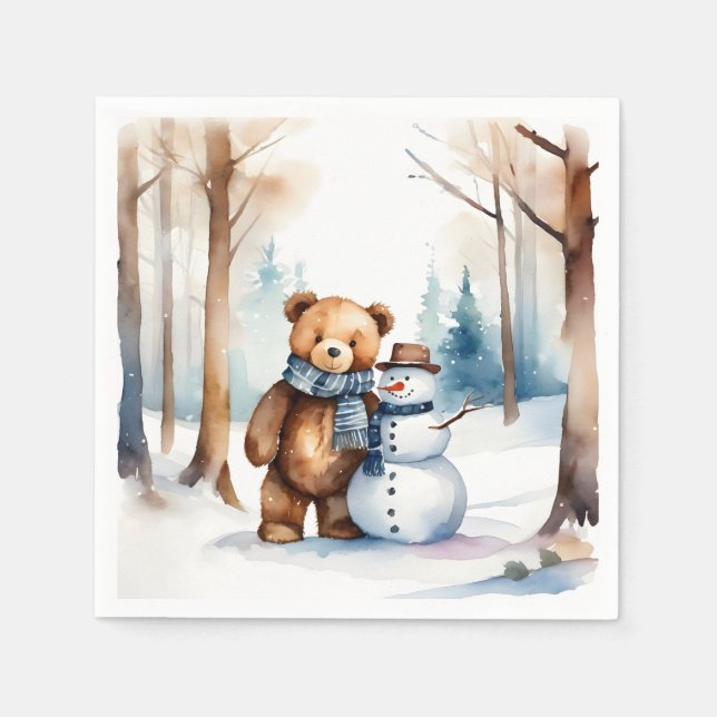 Serviette En Papier Ours En Conduite D'Hiver Et Snowman (Devant)