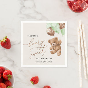Serviette En Papier Ours En Conflit, Ballons Verts, Premier Anniversai