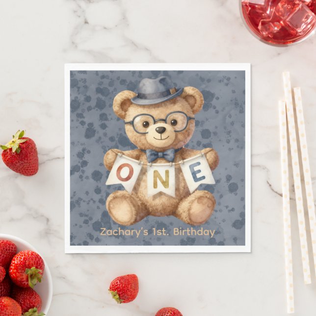 Serviette En Papier Ours en peluche à l'aquarelle avec bannière Joyeux (En situation)