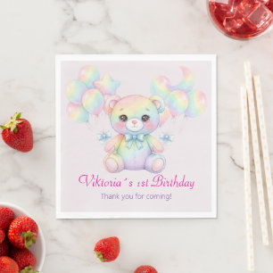Serviette En Papier Ours en peluche arc-en-ciel pastel pour 1er annive