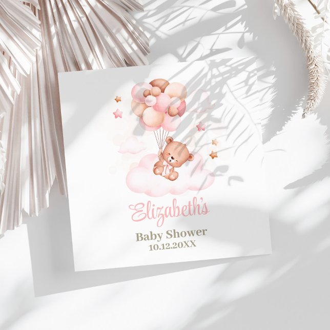 Serviette En Papier Ours en peluche avec Baby shower à ballons roses (Teddy Bear with Pink Balloons Baby Shower Napkins on a sunny white table.)