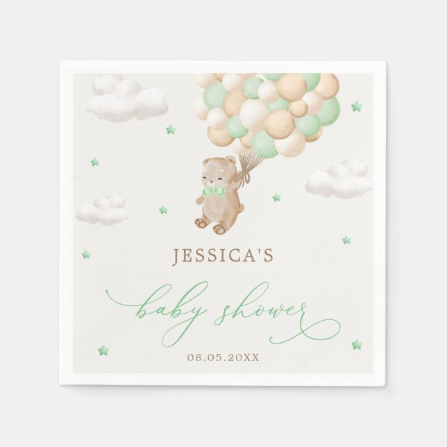 Serviette En Papier Ours en peluche avec Baby shower Ballons verts (Devant)