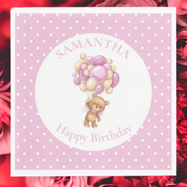Serviette En Papier Ours en peluche d'anniversaire BALLONS ROSES   (Planning A Party Is Fun When You Shop With Us. Find Everything You Need)