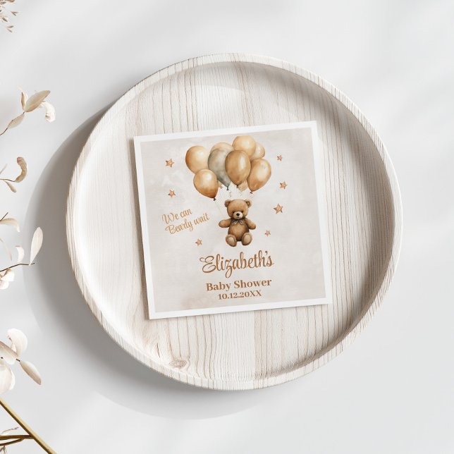 Serviette En Papier Ours en peluche de Boho avec Baby shower à ballons (Boho Teddy Bear with Balloons Baby Shower Napkins on white table with dry flowers.)