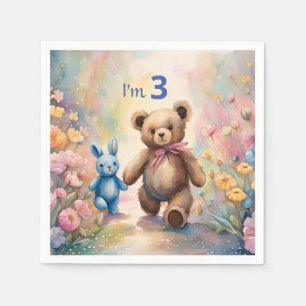 Serviette En Papier Ours en peluche et lapin dans un jardin pastel