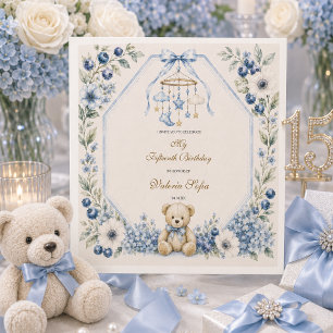 Serviette En Papier Ours en peluche floral bleu pour une fête d'annive