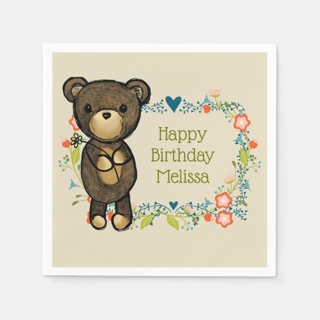 Serviette En Papier Ours en peluche mignon tenant un anniversaire de f (Devant)