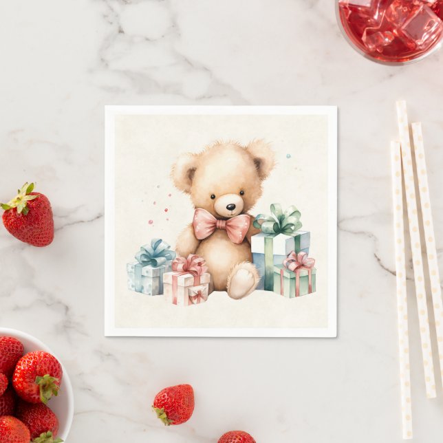 Serviette En Papier Ours en peluche mignonne avec cadeaux de Noël (En situation)