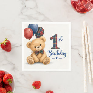 Serviette En Papier Ours en peluche tartan aquarelle 1er anniversaire