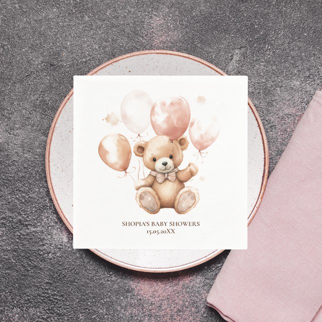 Serviette En Papier Ours mignon Avec Ballons | Bébé rose (Créateur téléchargé)