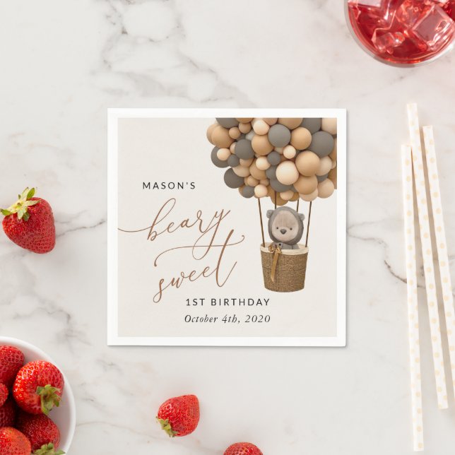 Serviette En Papier Ours mignon, Ballons Brown, Premier anniversaire (En situation)