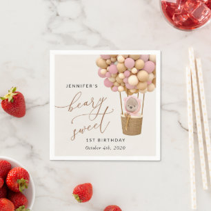 Serviette En Papier Ours mignon, Ballons roses, Premier Anniversaire