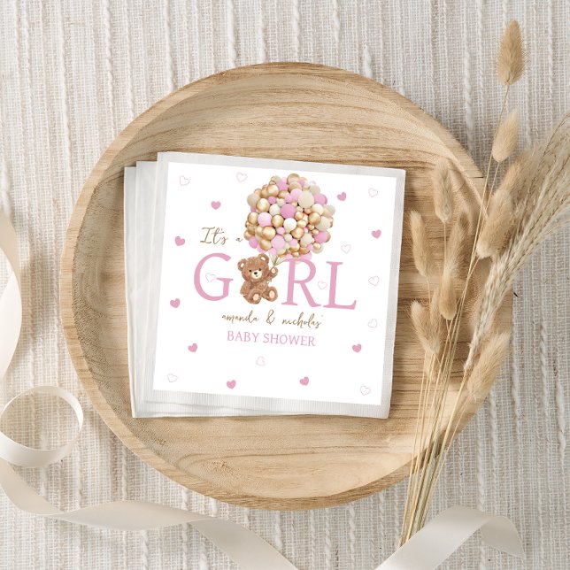 Serviette En Papier Ours minimal Boho avec ballons rose  (Créateur téléchargé)