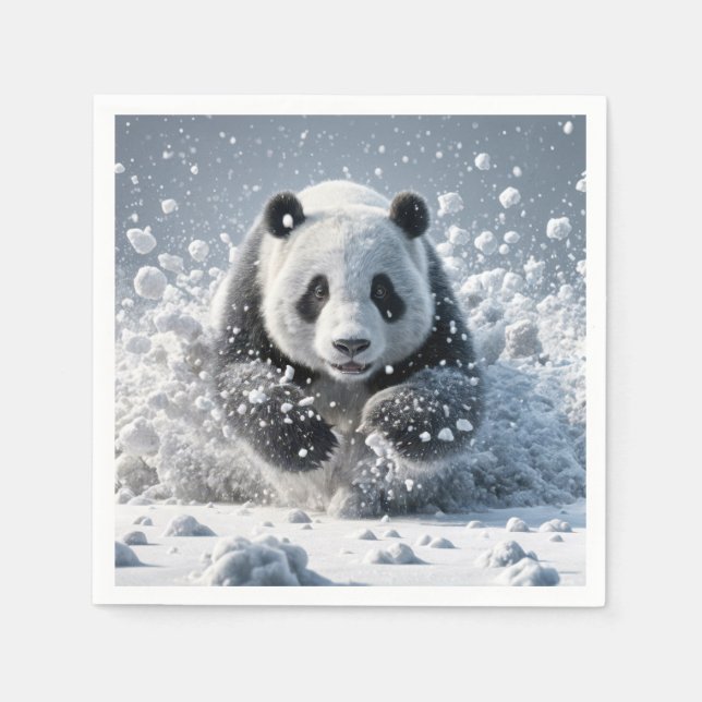Serviette En Papier Ours Panda Courant Dans La Neige (Devant)