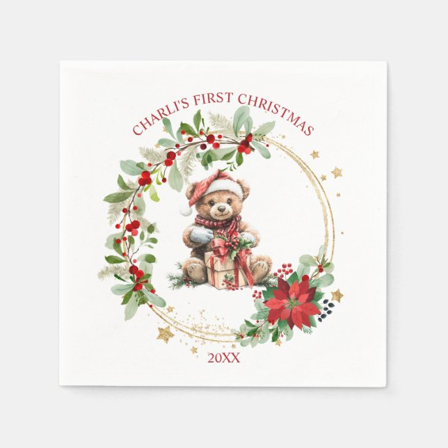 Serviette En Papier Ours Poinsettia Foliage Baby's First Christmas (Devant)