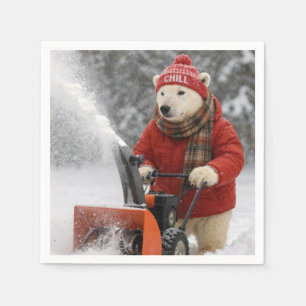 Serviette En Papier Ours polaire de Noël poussant un souffleuse à neig