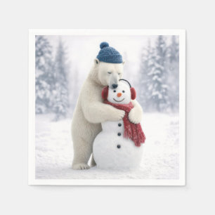 Serviette En Papier Ours polaire de Noël serrant un bonhomme de neige
