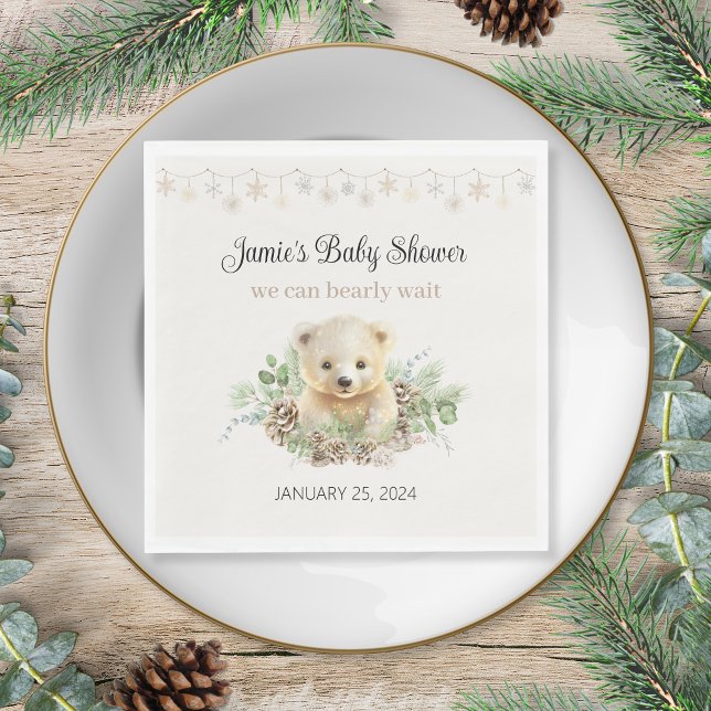 Serviette En Papier Ours polaire d'hiver Baby shower neutre selon le s (cute cream gender neutral polar bear theme we can bearly wait baby shower napkins personalized)