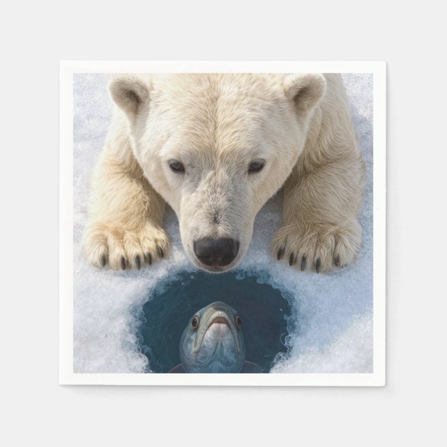 Serviette En Papier Ours polaire fixant un poisson (Devant)