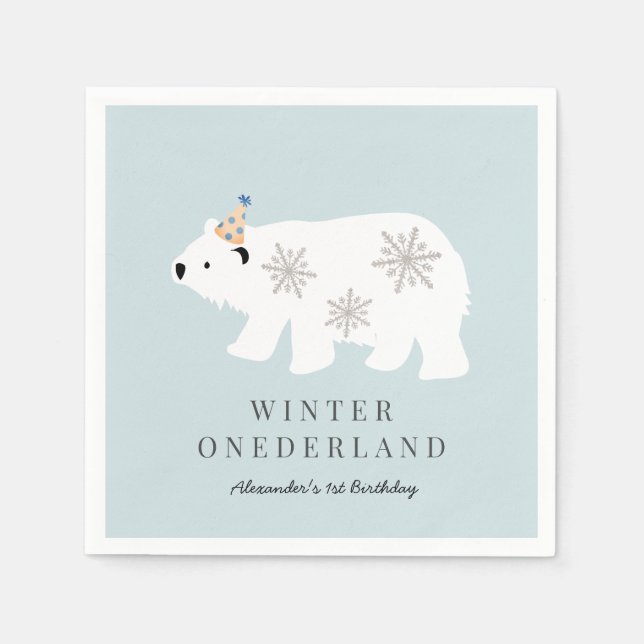 Serviette En Papier Ours polaire Hiver Onederland Bleu 1er anniversair (Devant)