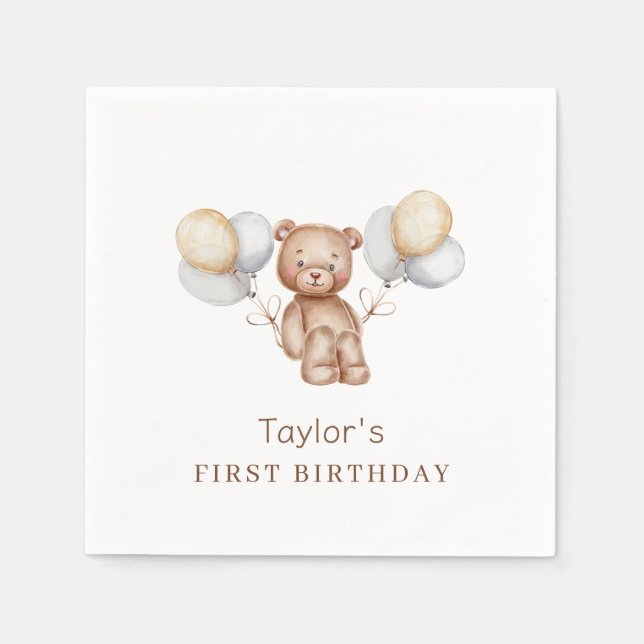 Serviette En Papier Ours Premier Anniversaire Animaux de la Forêt Papi (Devant)