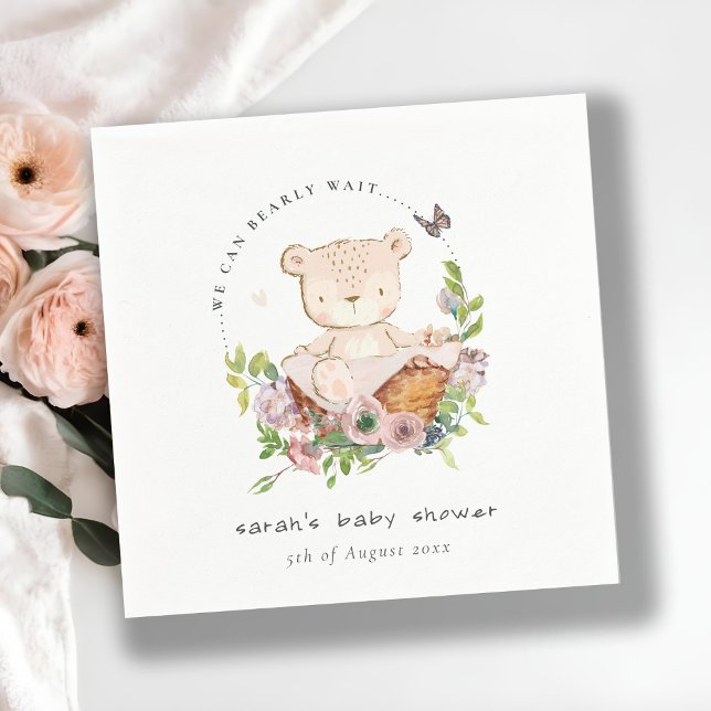 Serviette En Papier Ours Teddy Mignonne Dans Panier Fleur Baby shower  (Créateur téléchargé)