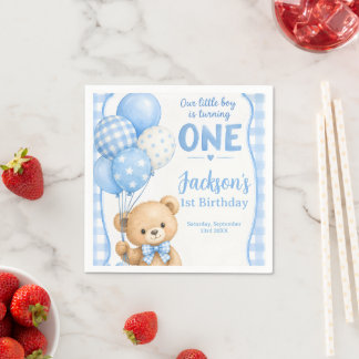 Serviette En Papier Ourson Gingham Bleu Aquarelle 1er Anniversaire