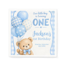 Ourson Gingham Bleu Aquarelle 1er Anniversaire