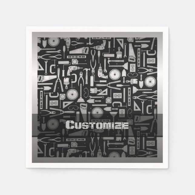 Serviette En Papier Outils d'atelier Noir et Argent (Devant)