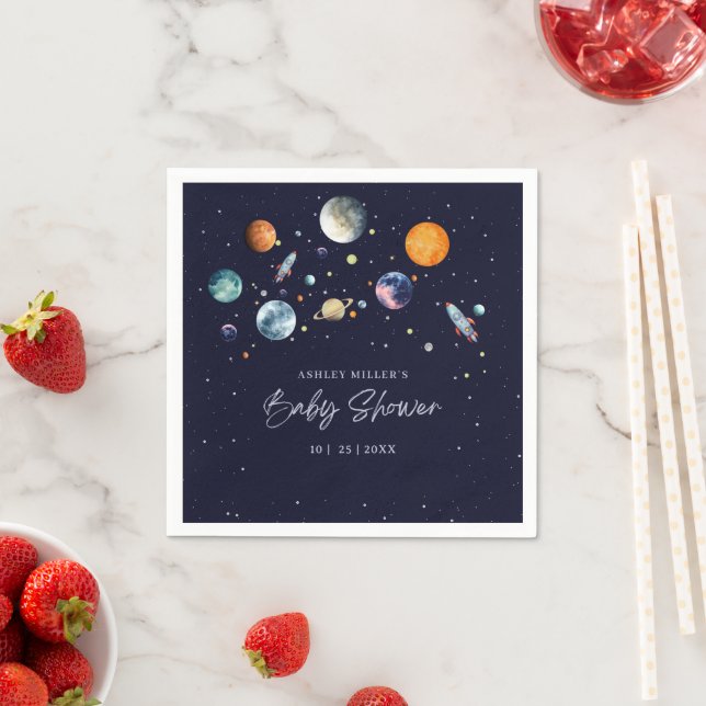 Serviette En Papier Over The Moon Boy Baby Shower Invite, Space Galaxy (En situation)