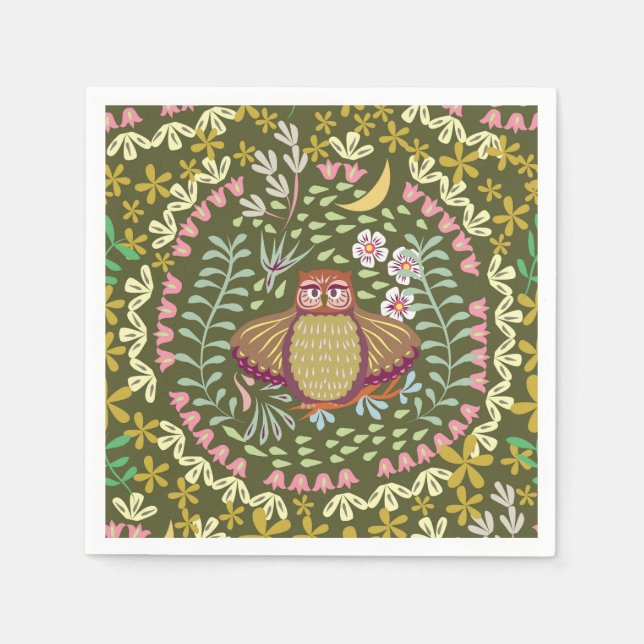 Serviette En Papier Owl Folk Green (Devant)