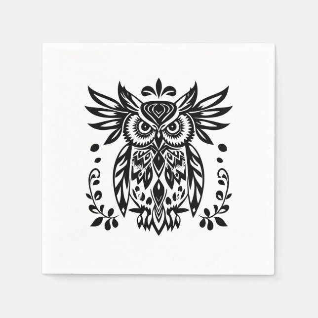 Serviette En Papier Owl Lovers Rustic Woodlands Black White Bohemian  (Devant)