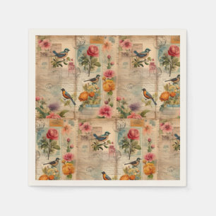 Serviette En Papier Page de Junk Journal avec fleurs + oiseaux -