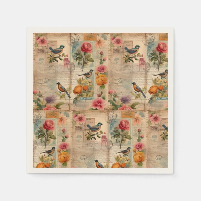 Serviette En Papier Page de Junk Journal avec fleurs + oiseaux - (Devant)