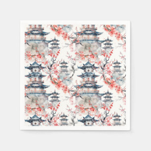 Serviette En Papier Pagode chinoise aquarelle aux fleurs de cerisiers