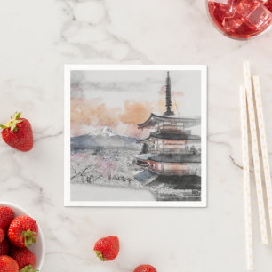 Serviette En Papier Pagode japonaise aquarelle & Mont Fuji Paysage