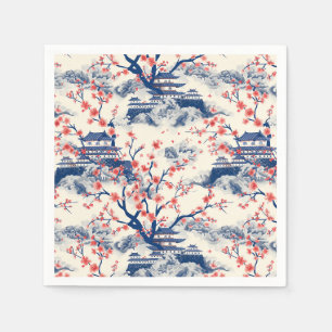Serviette En Papier Pagode Japonaise Fleur de Cerisier Crème Bleue