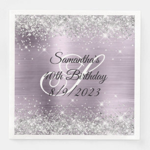 Serviette En Papier Paillettes Argent Lila Feuille 40e Anniversaire