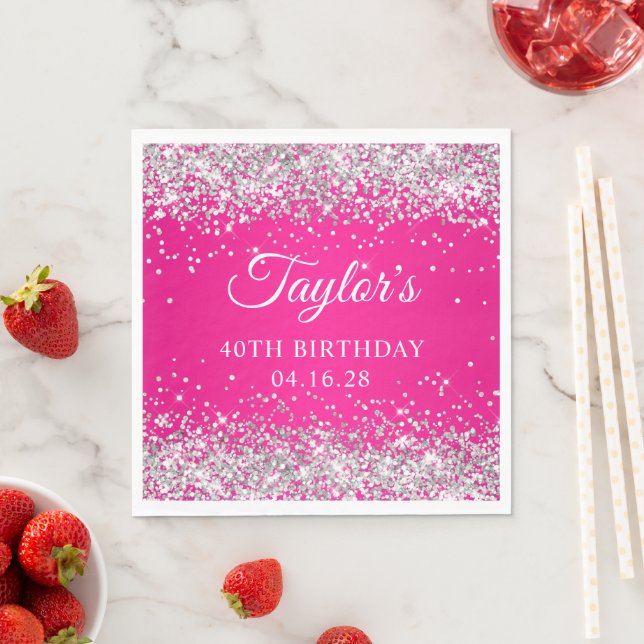 Serviette En Papier Paillettes Argent Rose Chaud 40e Anniversaire (En situation)