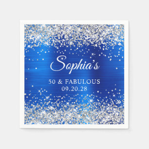 Serviette En Papier Paillettes Argent Royal Bleu Feuille 50 & Fabuleux