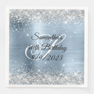 Serviette En Papier Paillettes Argentées Anniversaire 40 Ans Bleu Clai