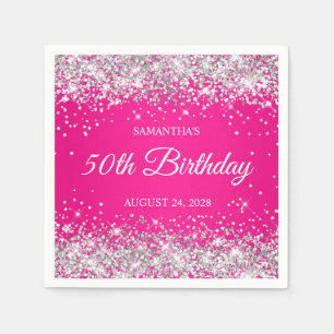 Serviette En Papier Paillettes Argentées et 50e Anniversaire Rose Chau